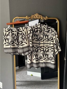 H&M Black and Cream Floral Tile Button-Up Shirt & Shorts Set